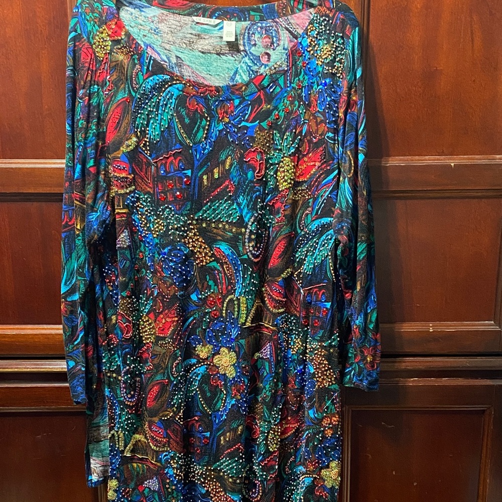 OK Sam II Vintage Colorful Long Sleeve beaded plus size 2X  long tunic